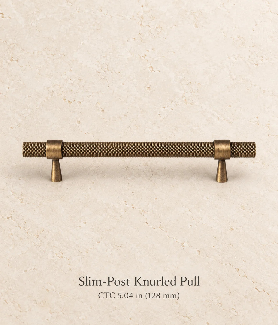 Antique brass slim-post knurled cabinet pull, 5.04 in (128 mm) CTC