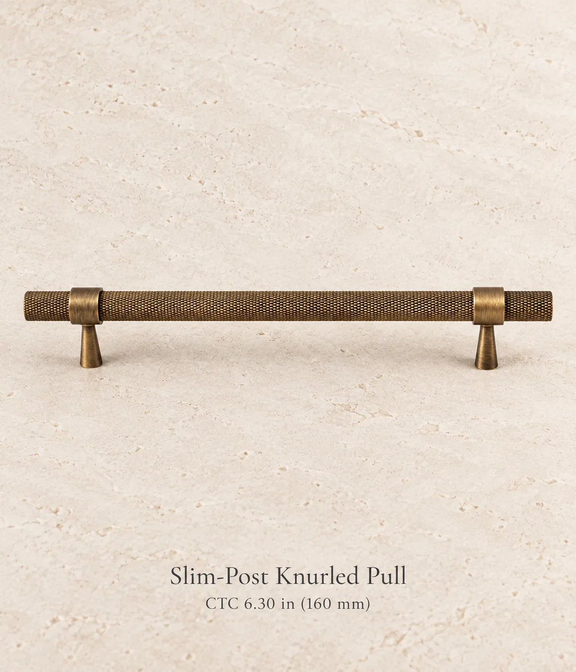 Antique brass slim-post knurled cabinet pull, 6.30 in (160 mm) CTC