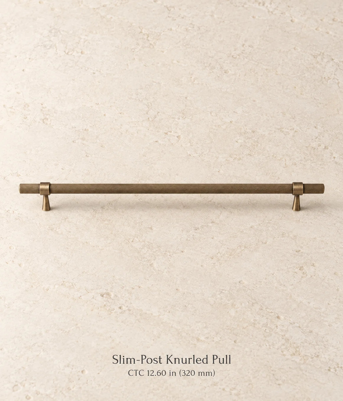 Antique brass slim-post knurled cabinet pull, 12.60 in (320 mm) CTC