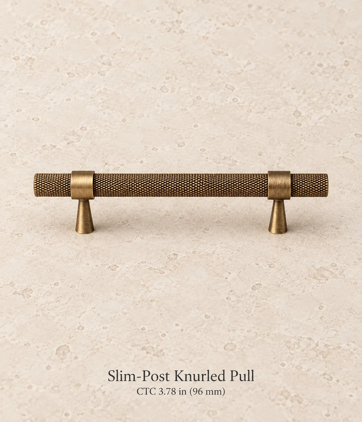 Antique brass slim-post knurled cabinet pull, 3.78 in (96 mm) CTC
