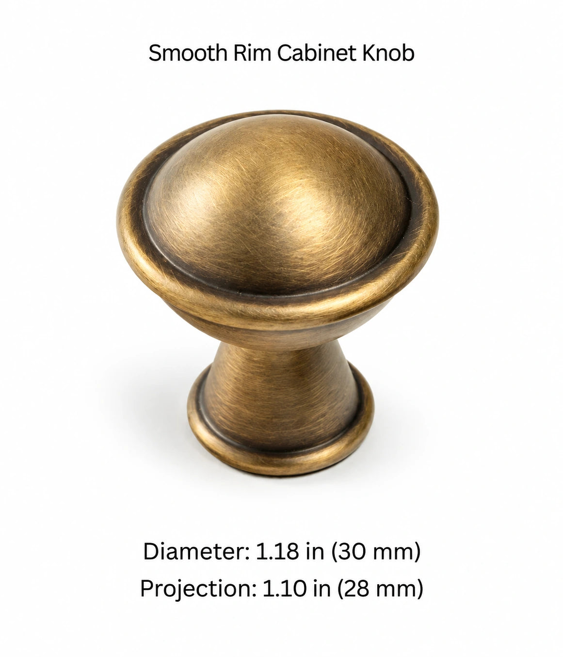 Smooth Rim antique brass knob, 30 mm diameter and 28 mm projection, with inch measurements