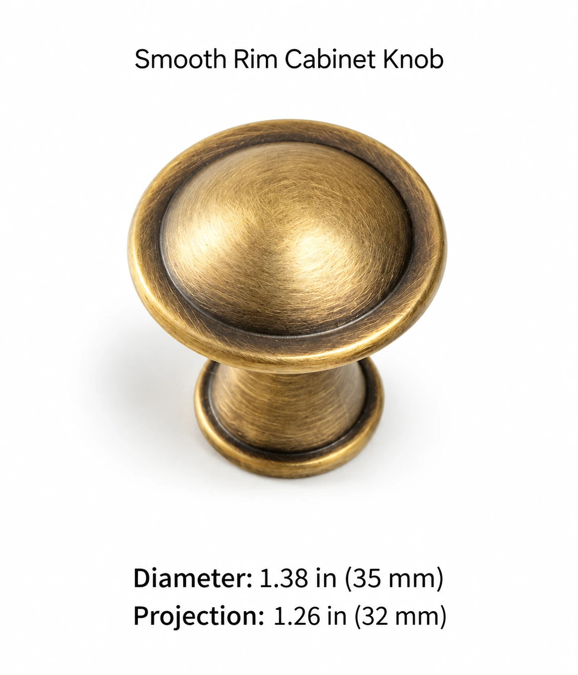 Smooth Rim antique brass knob, 35 mm diameter and 32 mm projection, with inch measurements