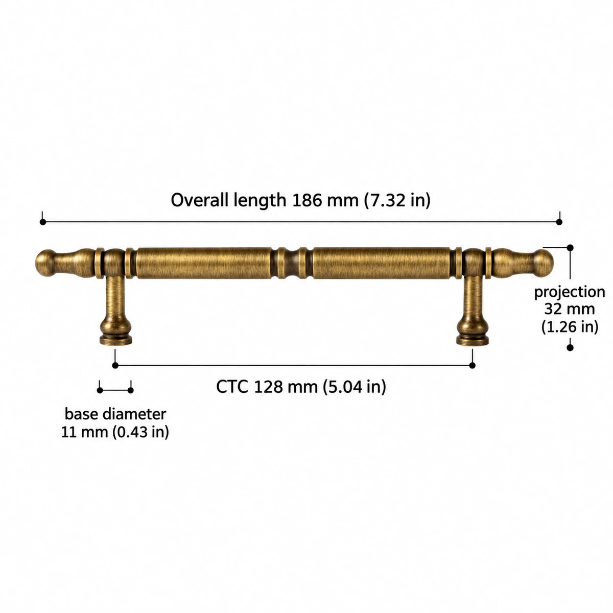 Antique brass spindle cabinet pull dimensions — 5.04 in (128 mm) center-to-center mounting