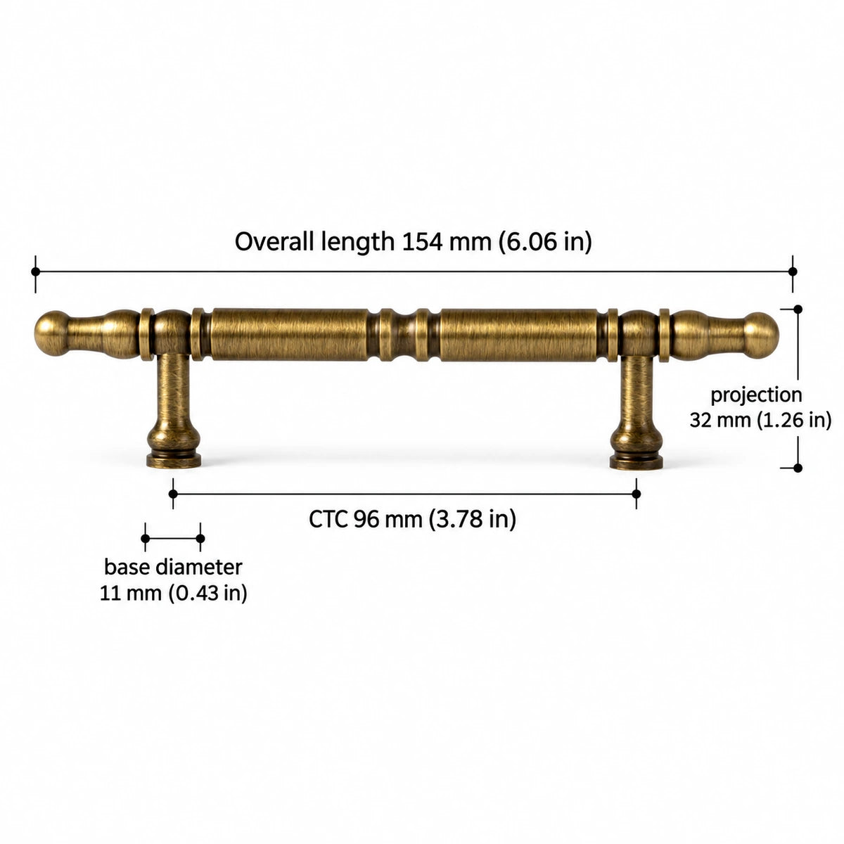 Antique brass spindle cabinet pull dimensions — 3.78 in (96 mm) center-to-center mounting