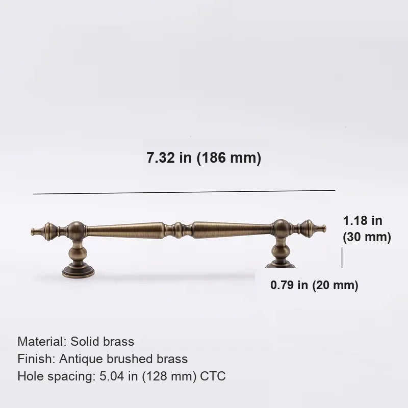 Antique brass spindle pull measurements for 5.04 inch 128 mm center-to-center spacing