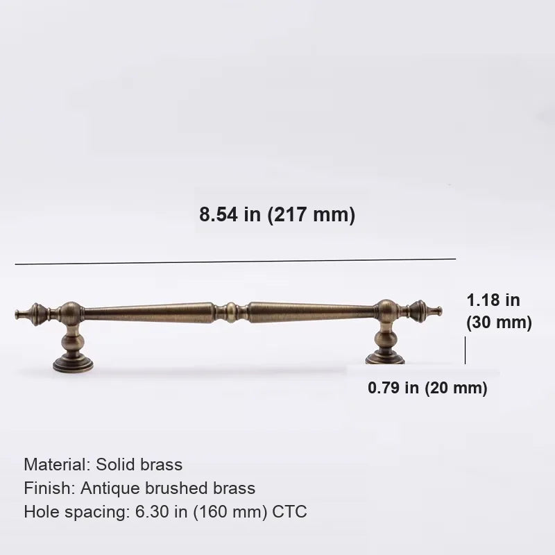 Antique brass spindle pull measurements for 6.30 inch 160 mm center-to-center spacing