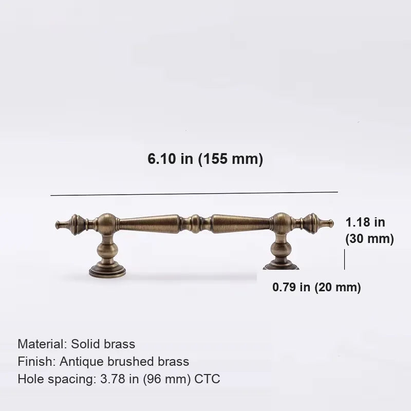 Antique brass spindle pull measurements for 3.78 inch 96 mm center-to-center spacing