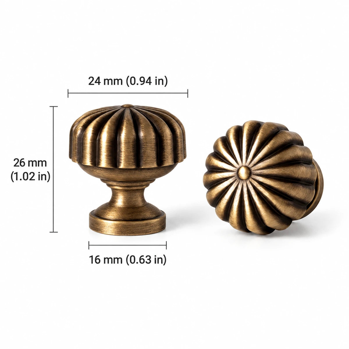 Fluted Knob — 0.94″ (24 mm) Diameter — inch and mm dimension chart