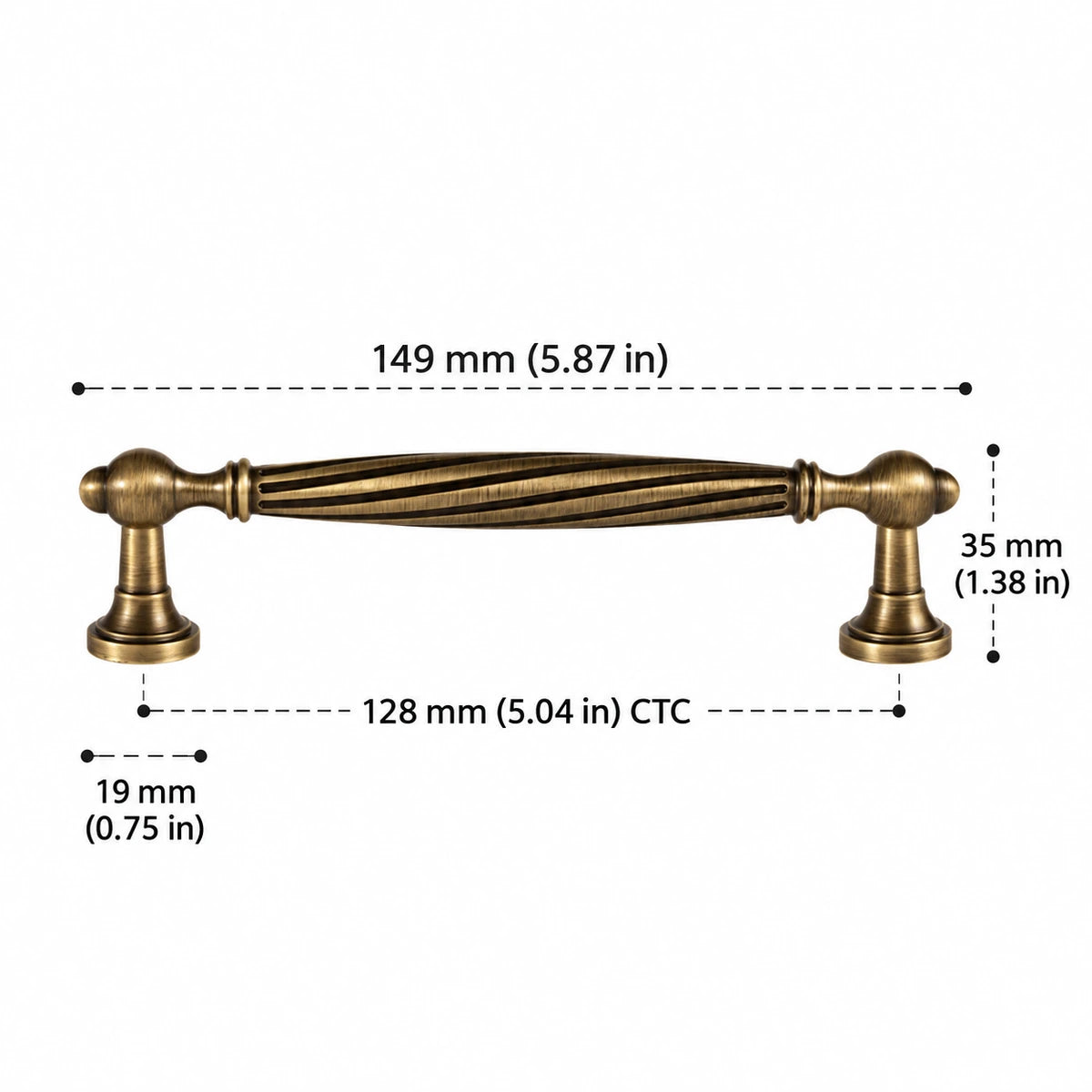 Spiral Pull — 5.04″ (128 mm) CTC — inch and mm dimension chart