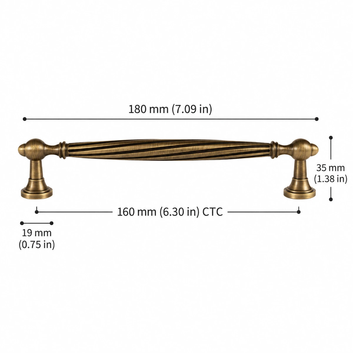 Spiral Pull — 6.30″ (160 mm) CTC — inch and mm dimension chart