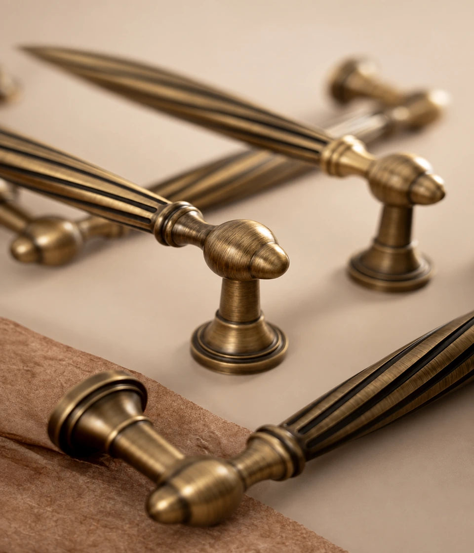 Rounded mounting posts and spiral grip detail of antique brass pull