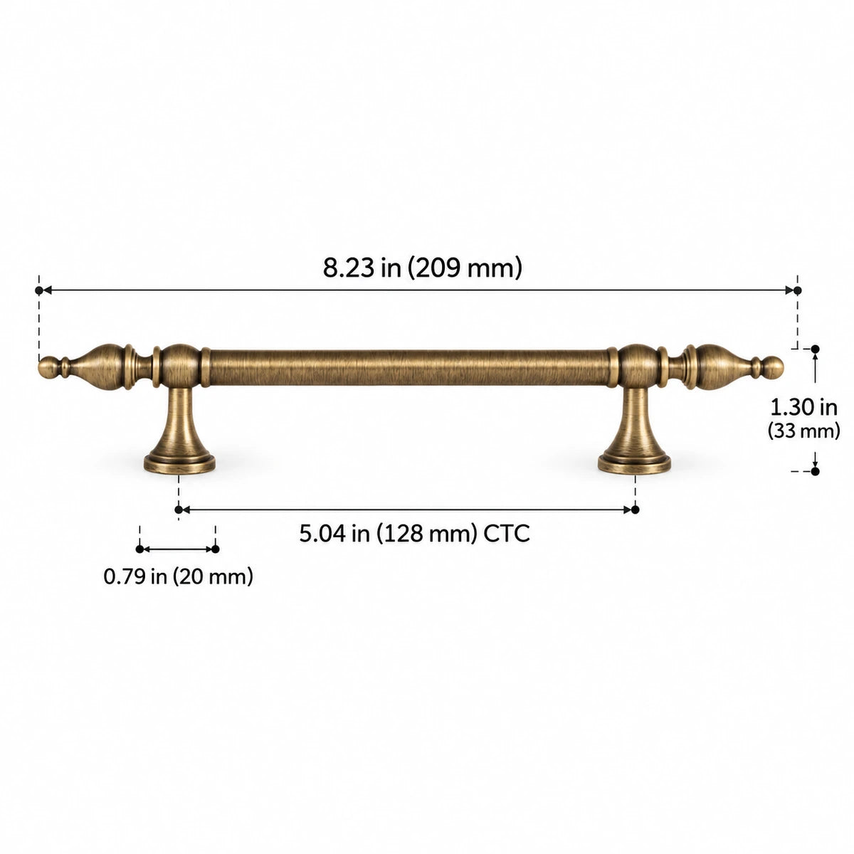 Brass spire-finial cabinet pull with 5.04 in (128 mm) CTC and overall dimensions