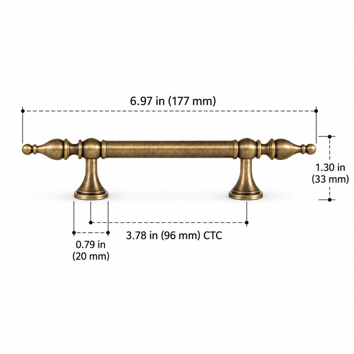 Brass spire-finial cabinet pull with 3.78 in (96 mm) CTC and overall dimensions