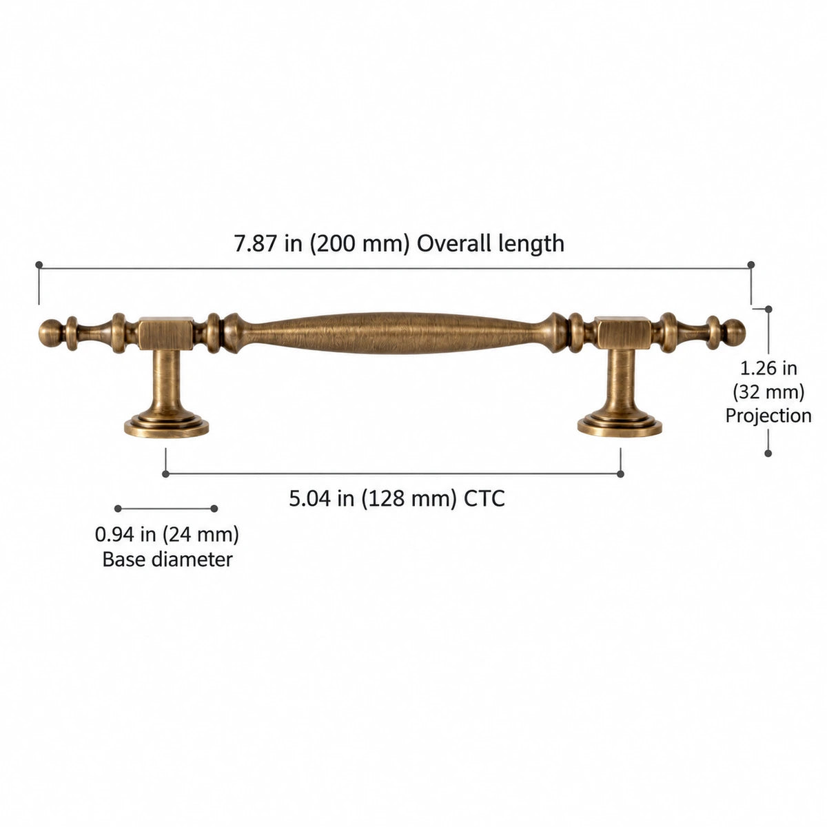 Square-collar brass cabinet pull, 5.04 inch (128 mm) CTC, with length, projection and base dimensions