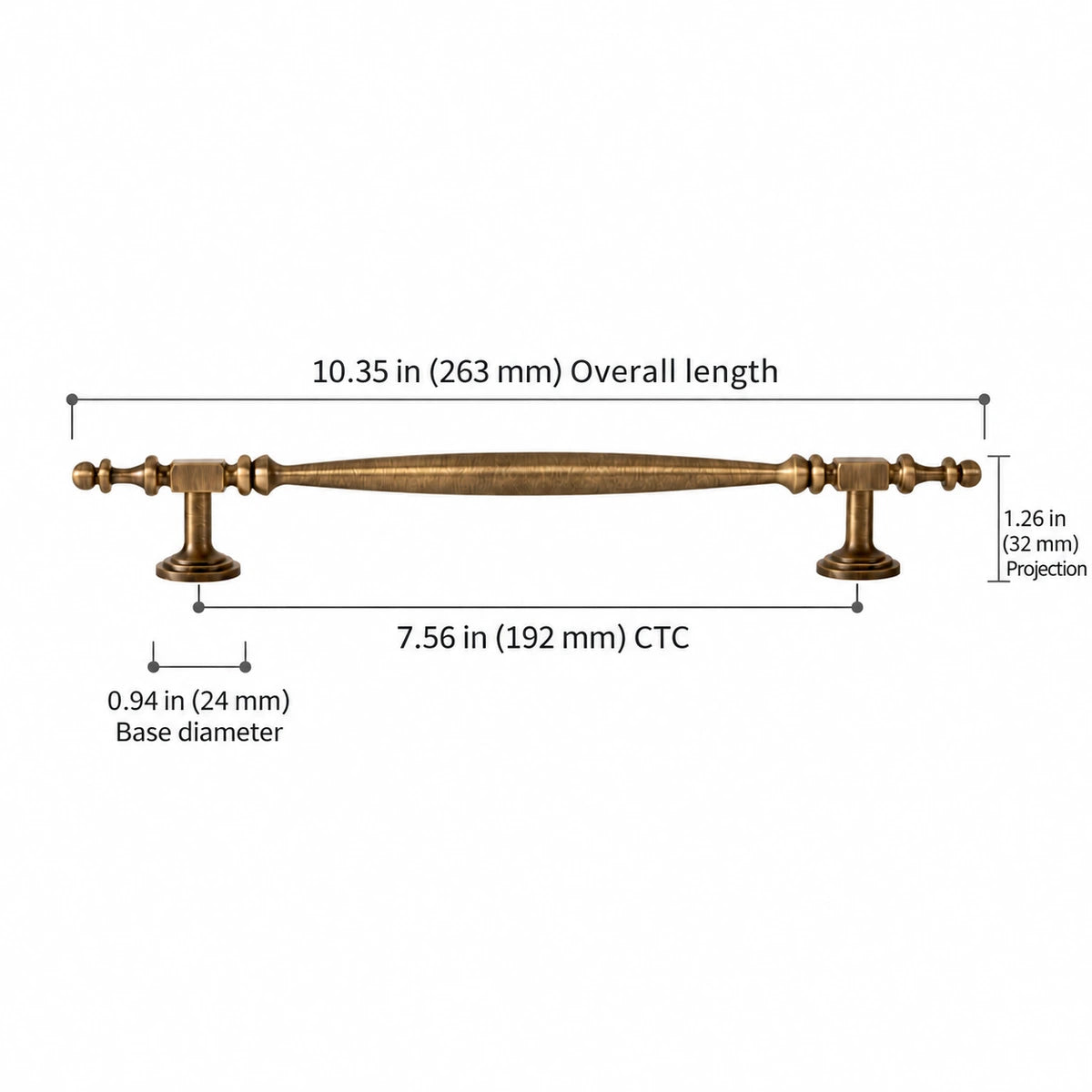 Square-collar brass cabinet pull, 7.56 inch (192 mm) CTC, with length, projection and base dimensions