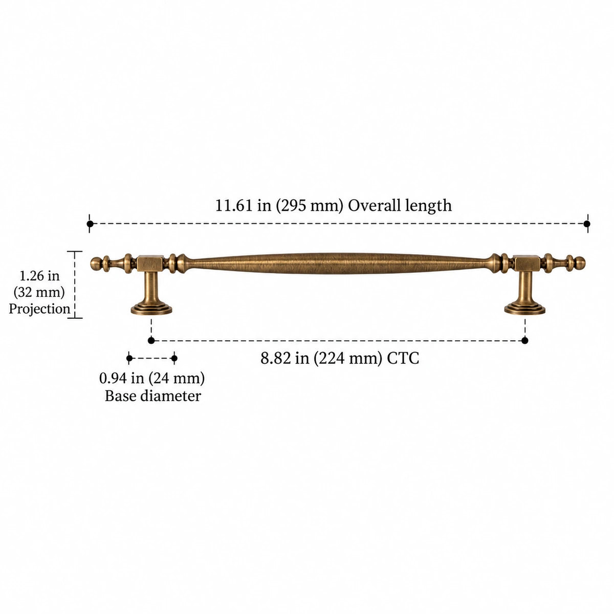 Square-collar brass cabinet pull, 8.82 inch (224 mm) CTC, with length, projection and base dimensions