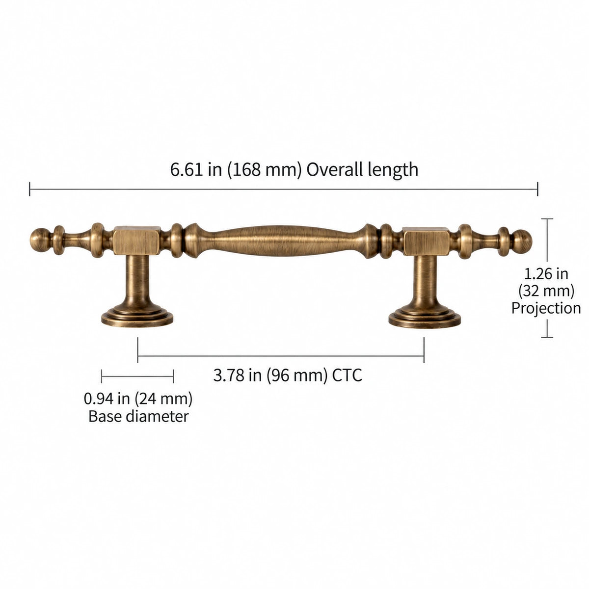Square-collar brass cabinet pull, 3.78 inch (96 mm) CTC, with length, projection and base dimensions