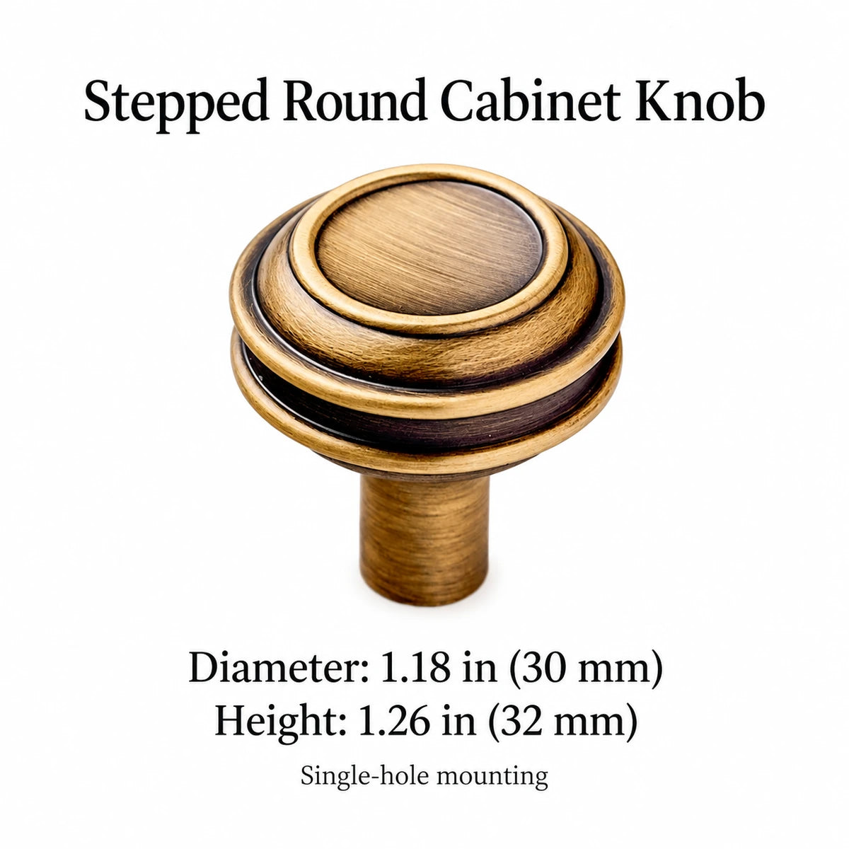 Antique brass stepped cabinet knob with 1.18 inch (30 mm) diameter and 1.26 inch (32 mm) height