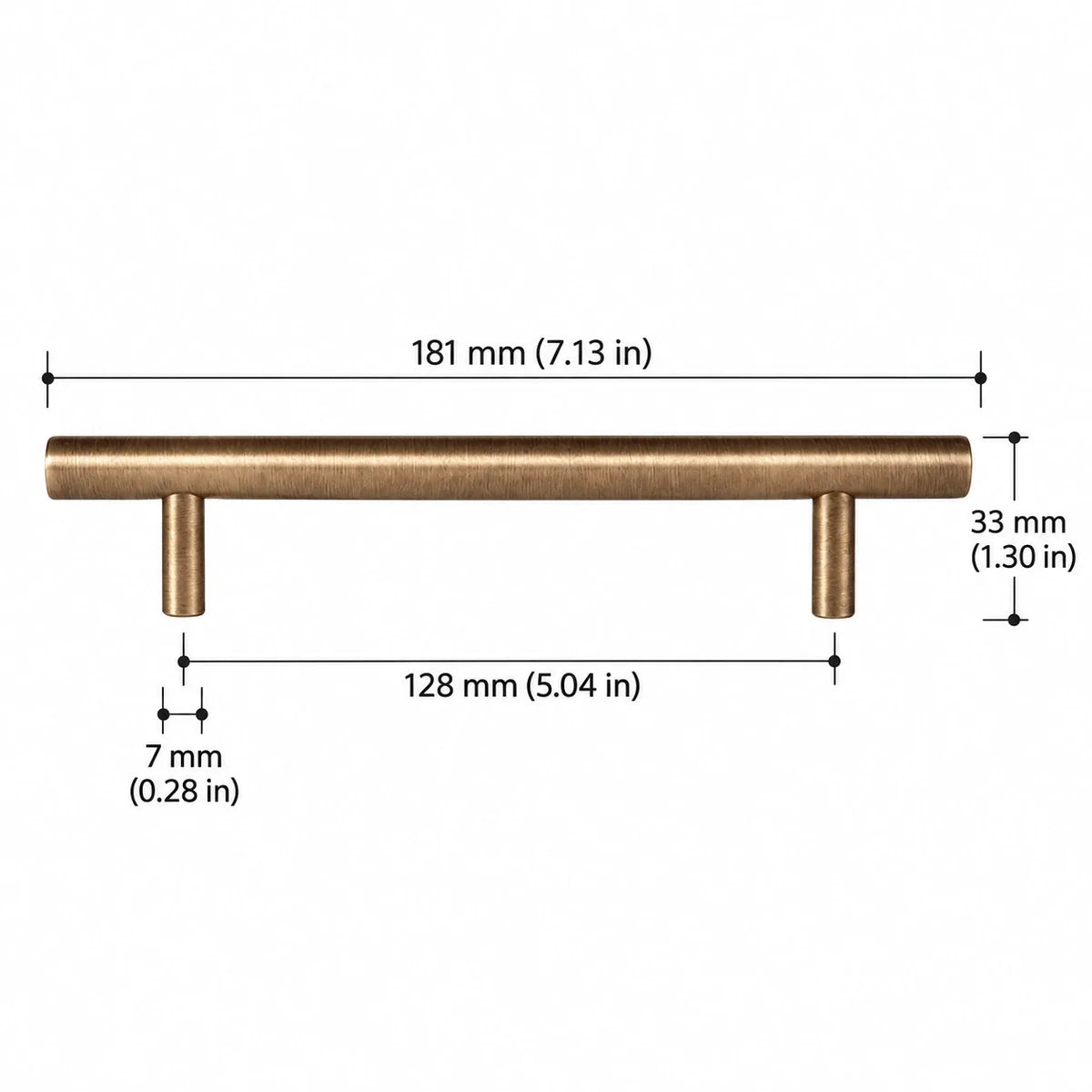 Antique brass T-Bar Pull — 5.04″ (128 mm) CTC dimension chart