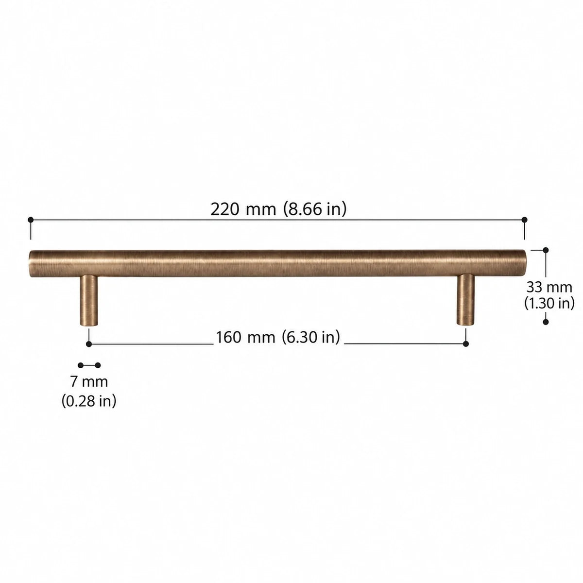 Antique brass T-Bar Pull — 6.30″ (160 mm) CTC dimension chart