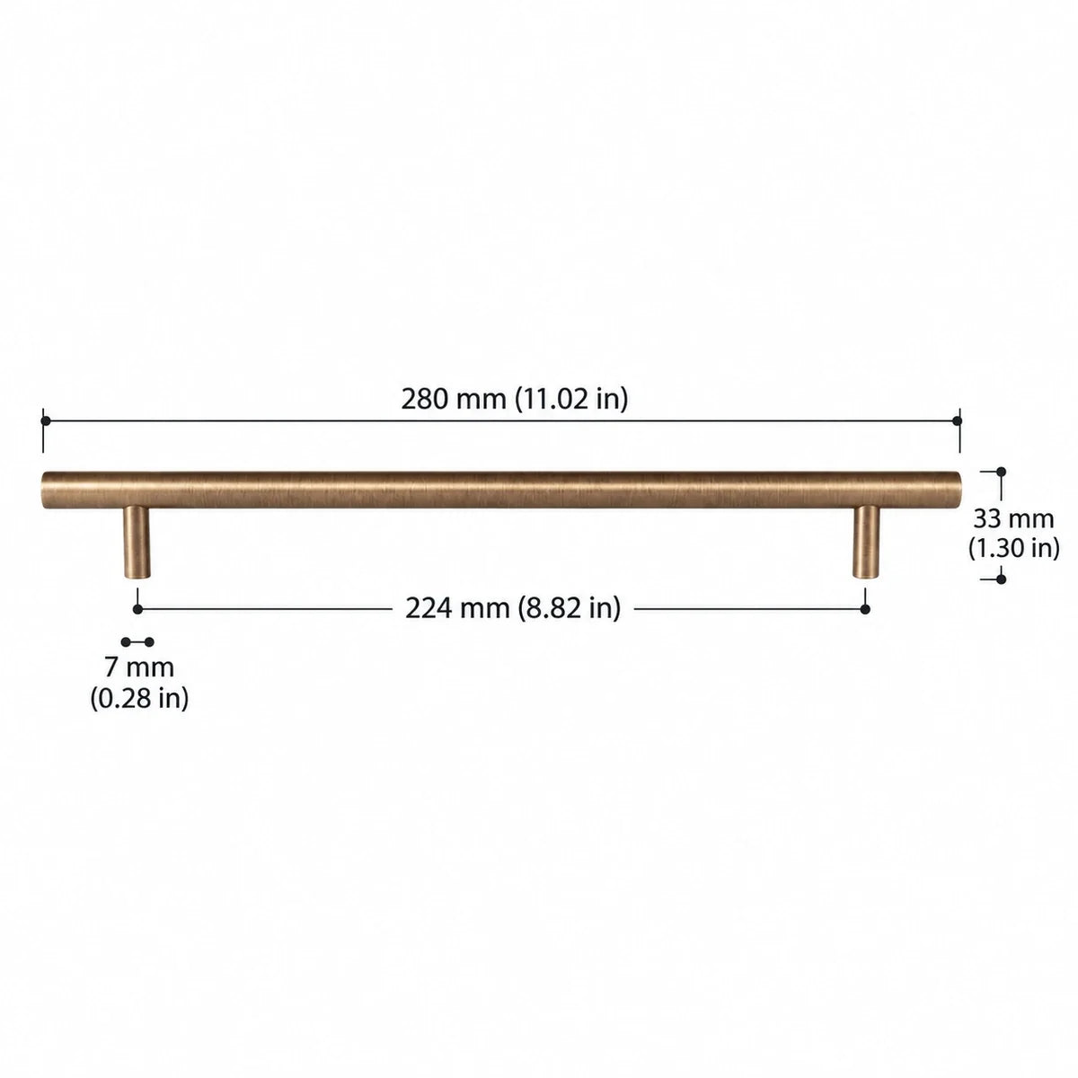 Antique brass T-Bar Pull — 8.82″ (224 mm) CTC dimension chart