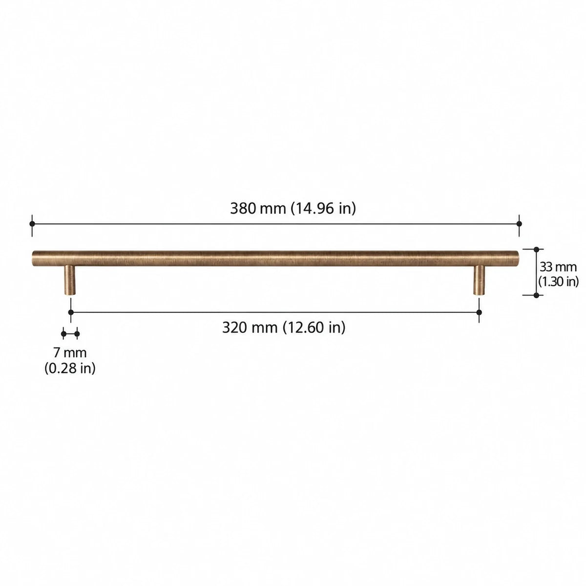 Antique brass T-Bar Pull — 12.60″ (320 mm) CTC dimension chart