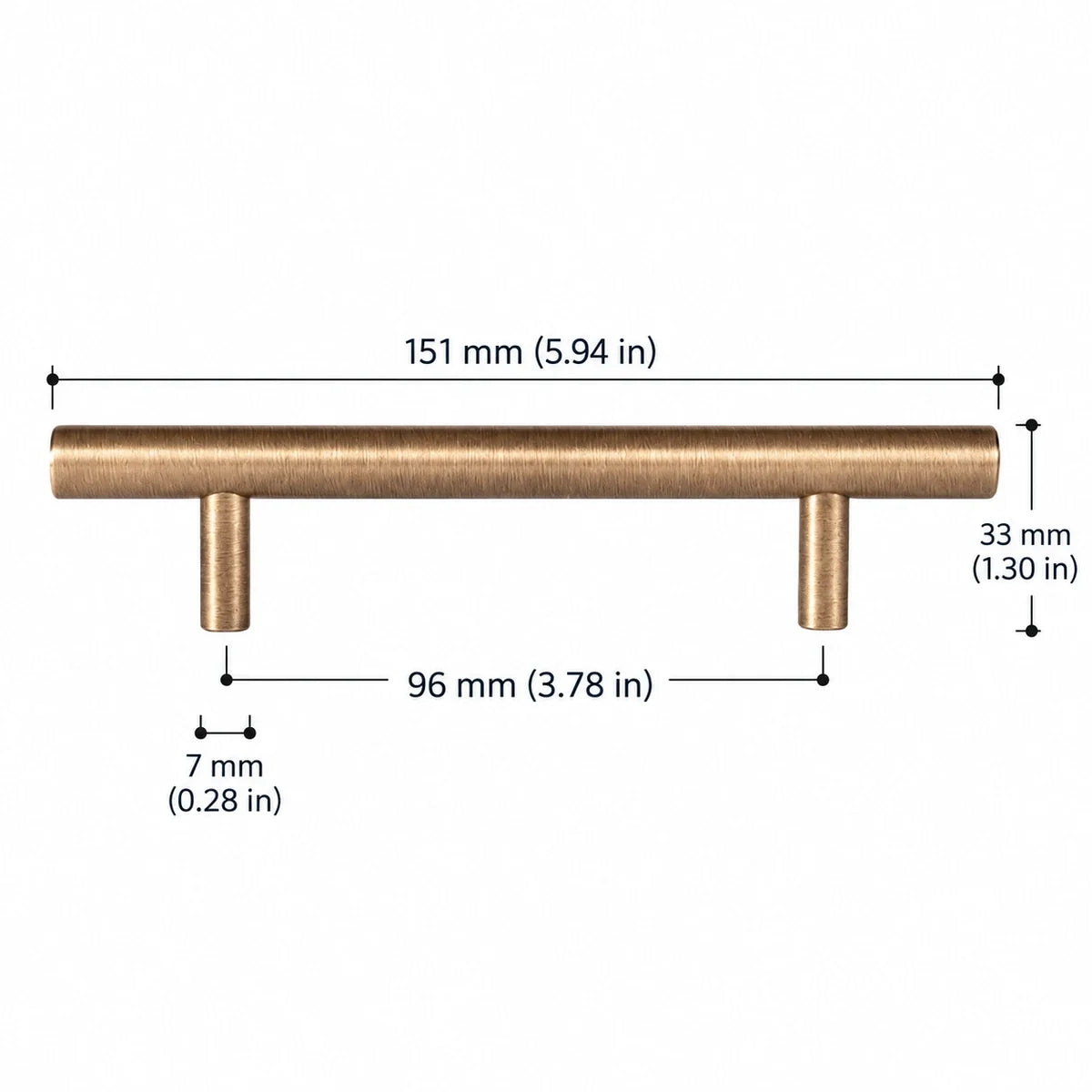 Antique brass T-Bar Pull — 3.78″ (96 mm) CTC dimension chart