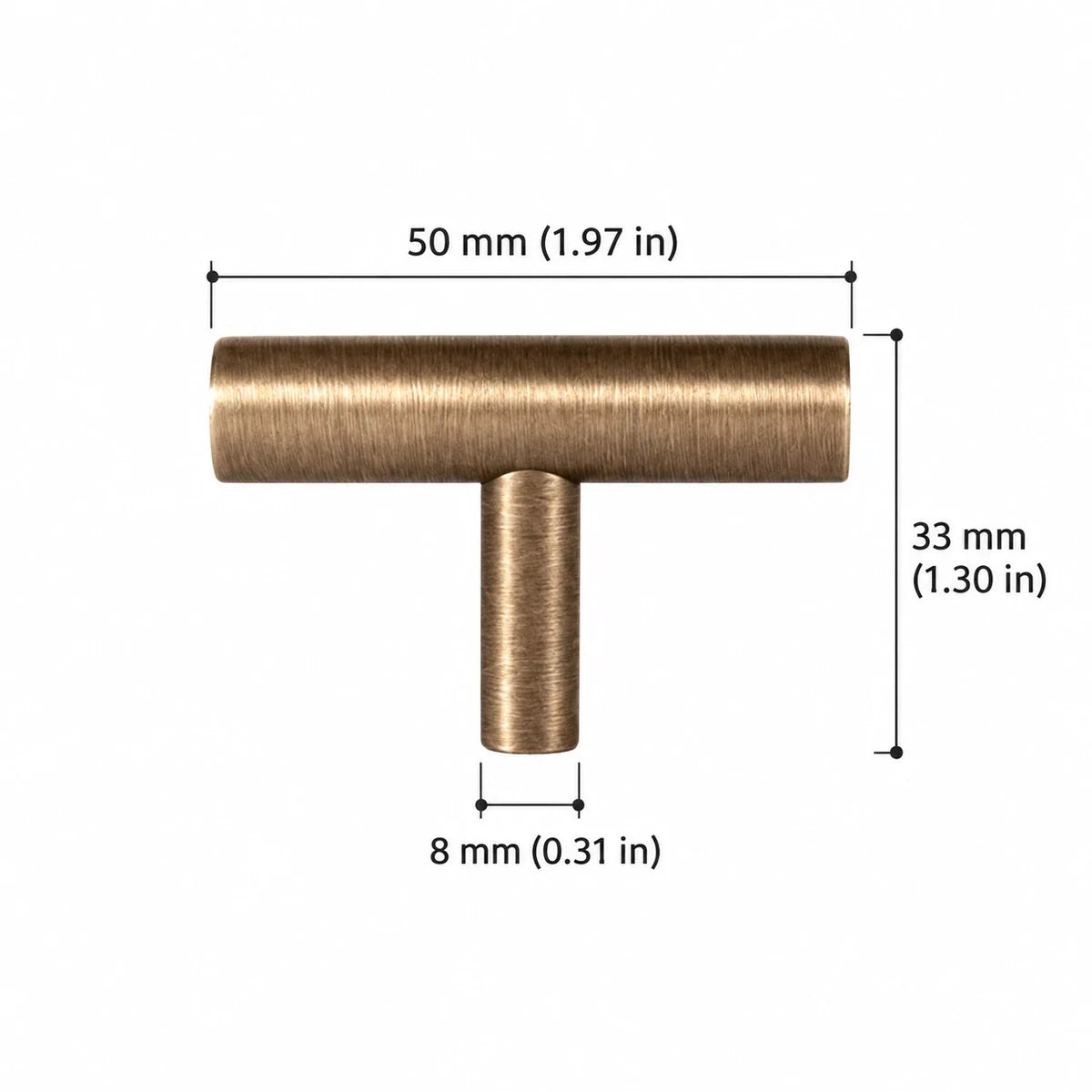 Antique brass T-Knob — 1.97″ (50 mm) Length dimension chart