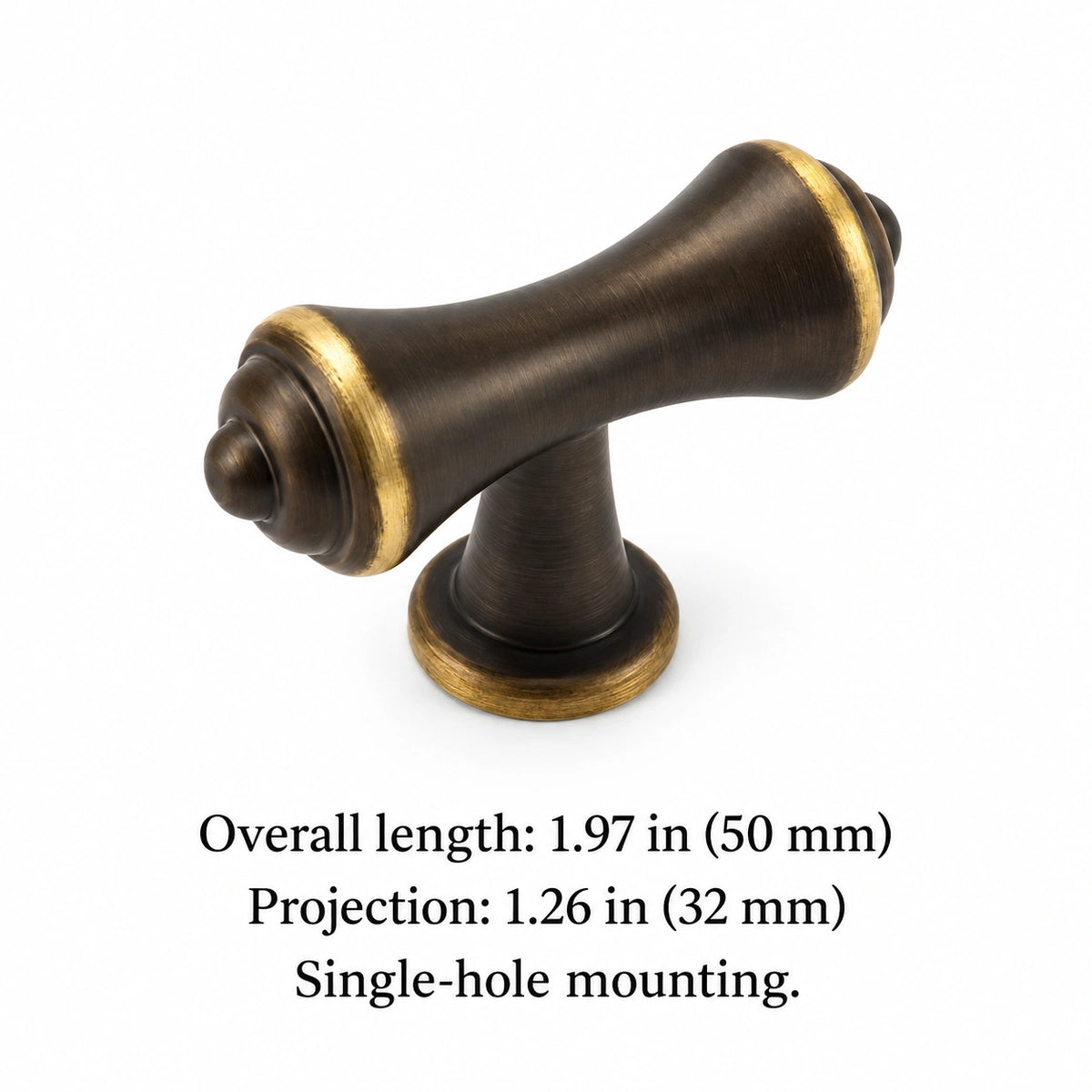 Antique brass T-knob dimensions: 1.97 in (50 mm) length and 1.26 in (32 mm) projection