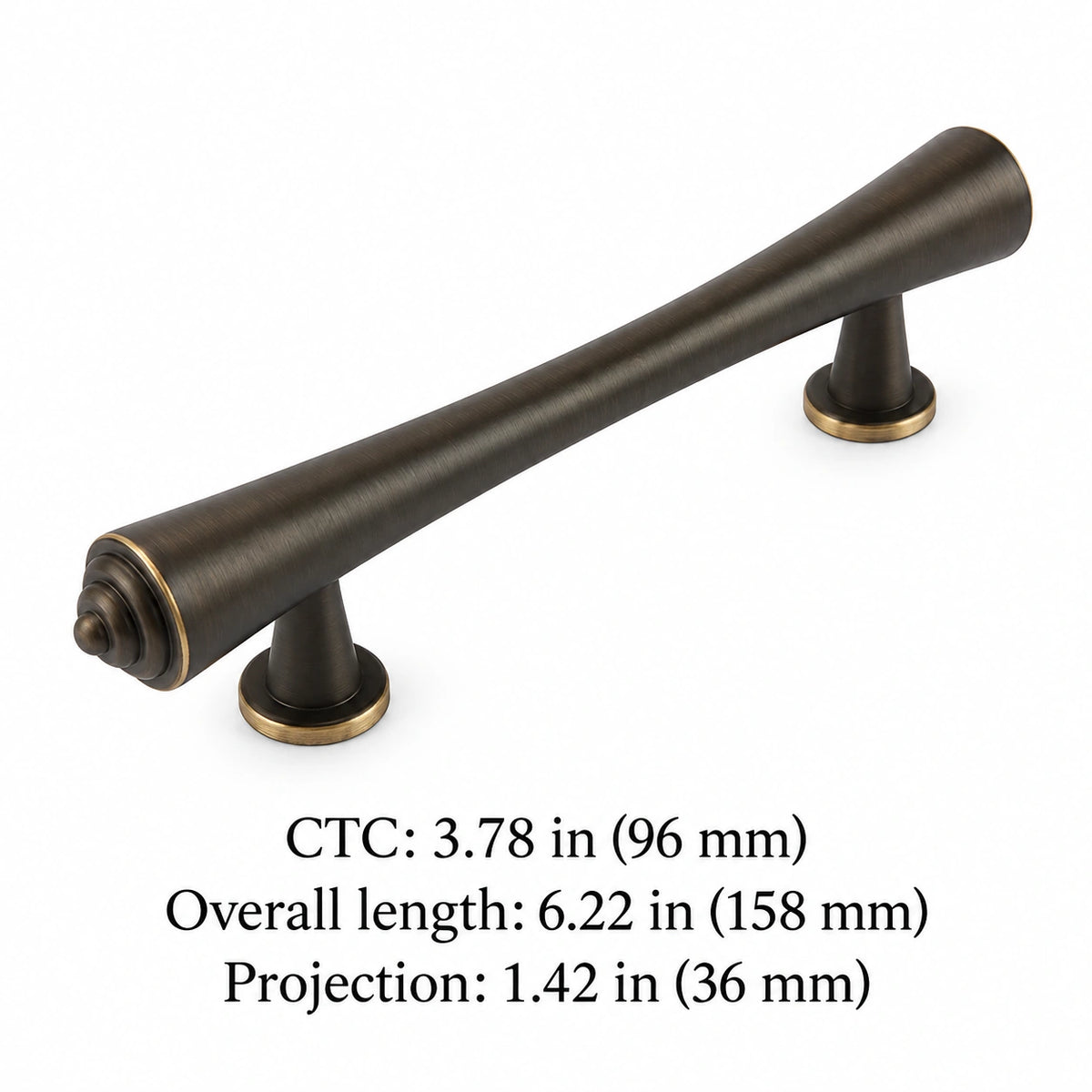 Antique brass cabinet pull dimensions: 3.78 in (96 mm) CTC, 6.22 in (158 mm) overall and 1.42 in (36 mm) projection
