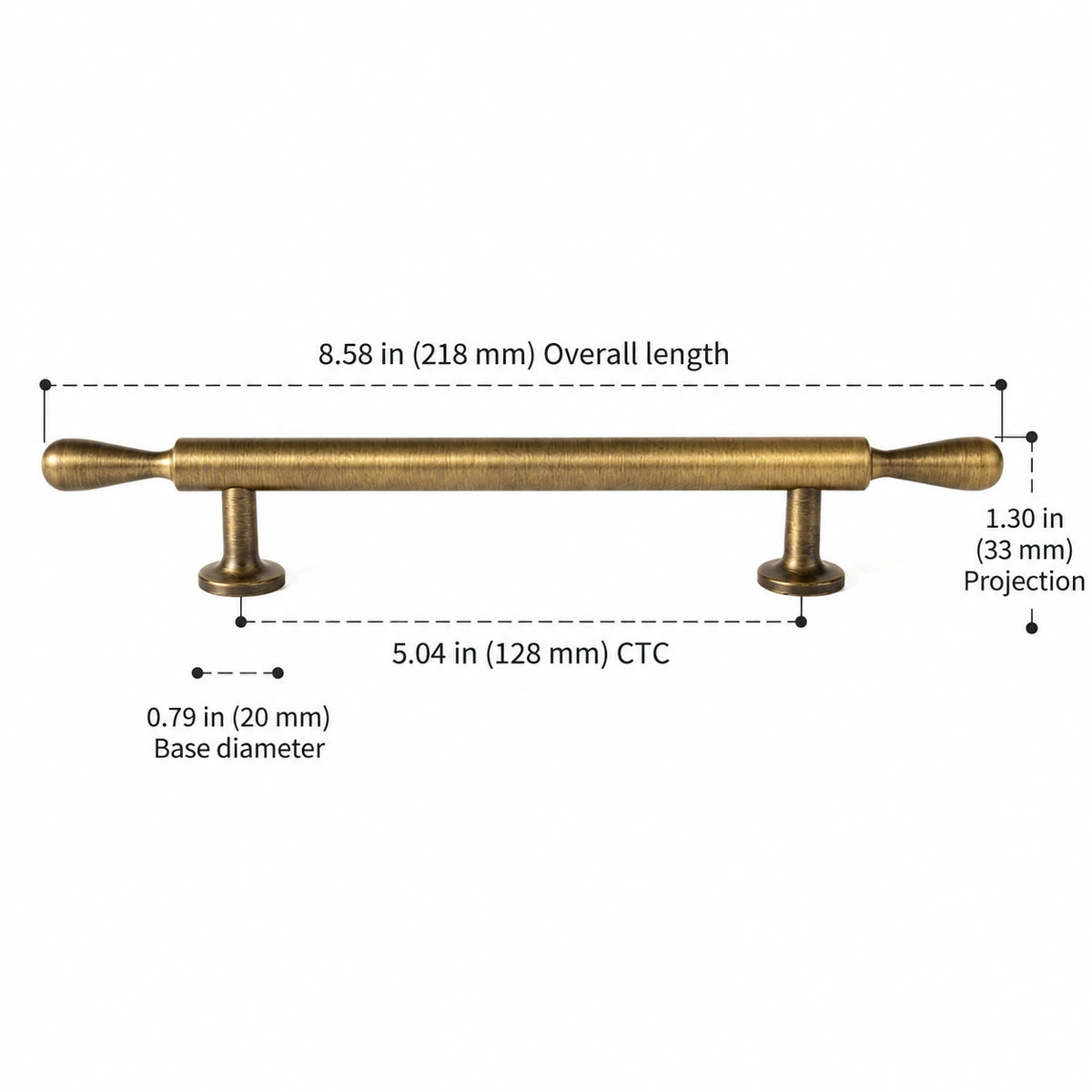Antique brass teardrop-finial cabinet pull, 128 mm CTC, with dimensions in inches and mm
