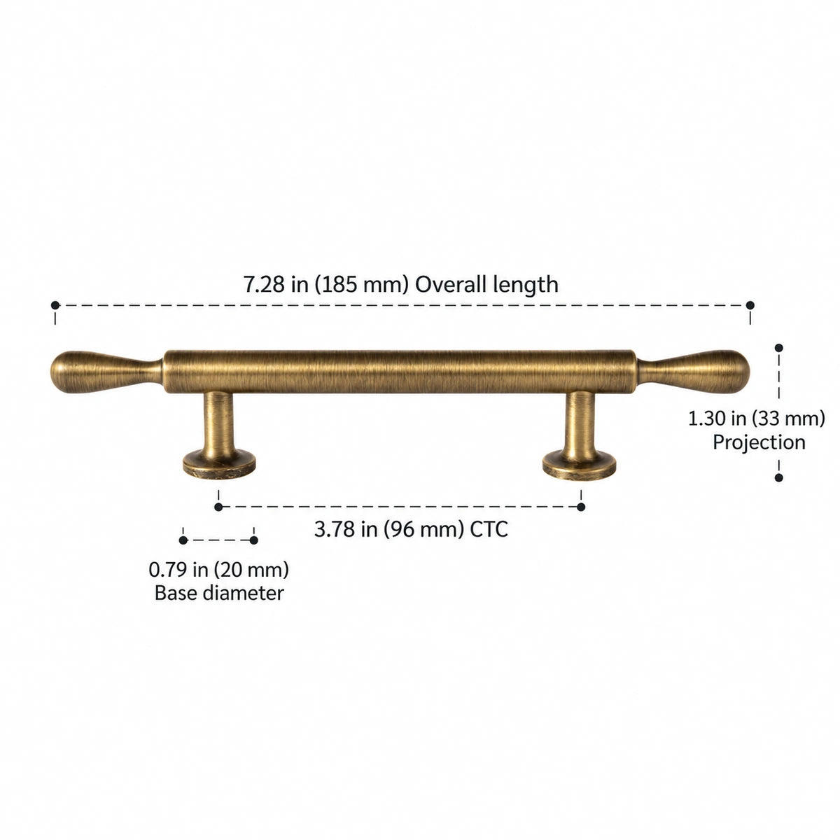 Antique brass teardrop-finial cabinet pull, 96 mm CTC, with dimensions in inches and mm