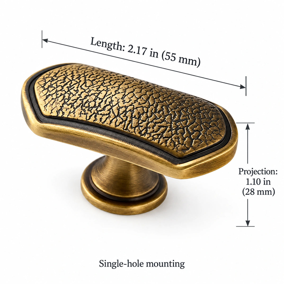 Oblong T-knob dimensions: 2.17 in (55 mm) length and 1.10 in (28 mm) projection