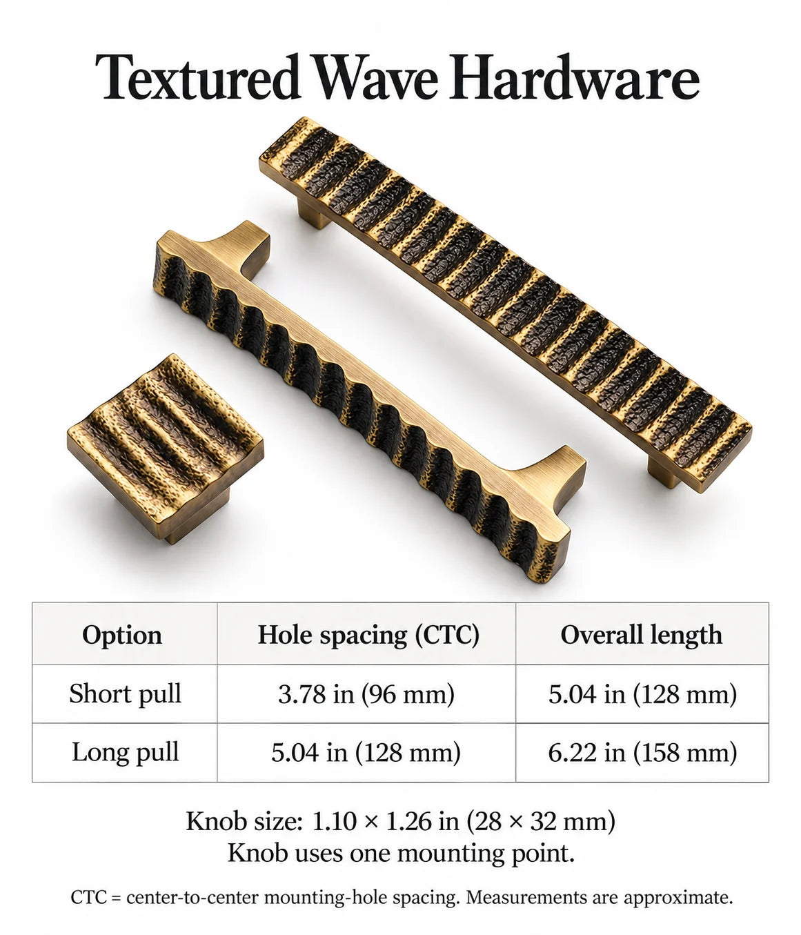 Wave pull CTC sizes in inches and mm, with square knob dimensions