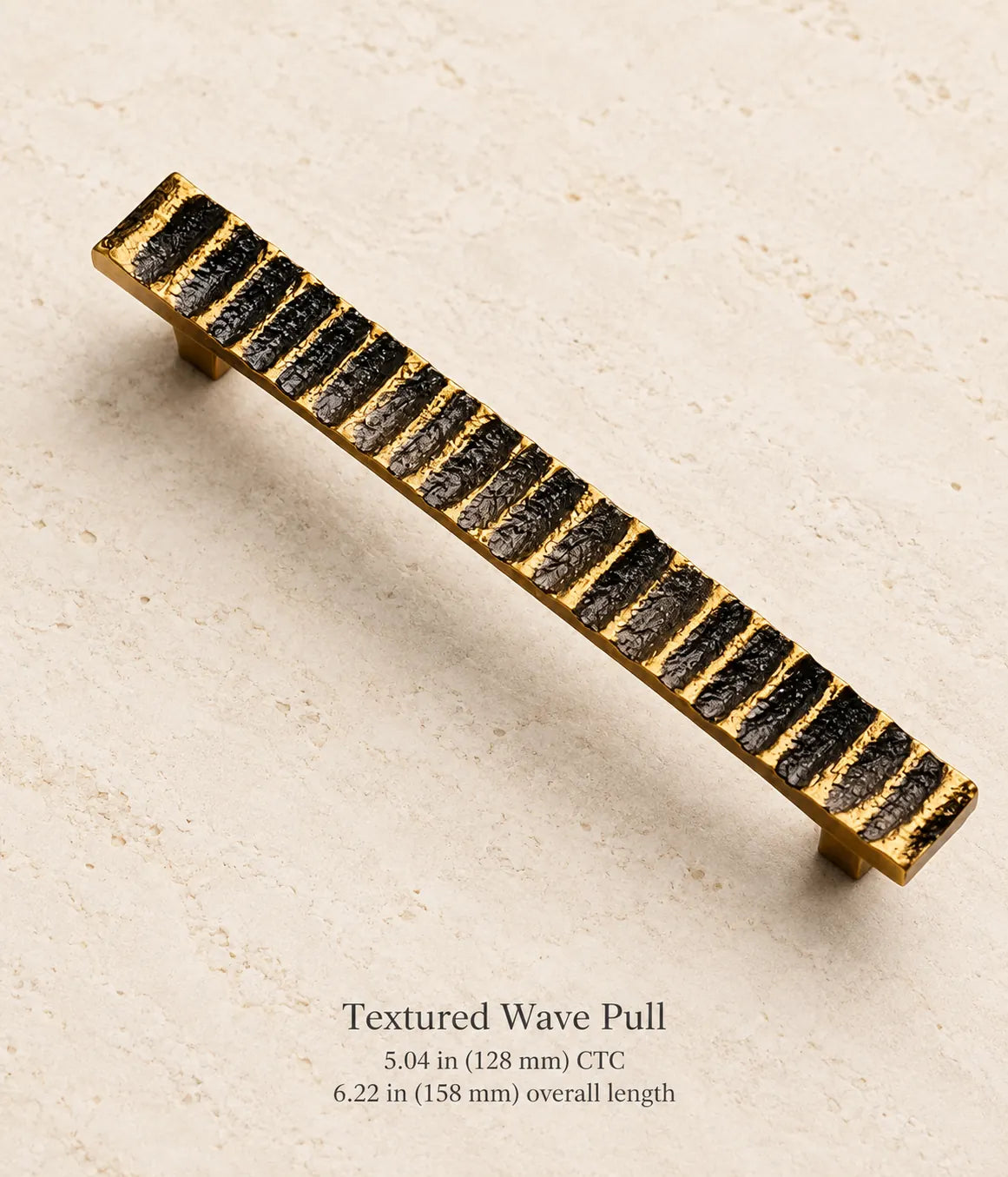 Antique brass textured wave pull, 5.04 in (128 mm) CTC, 6.22 in (158 mm) overall length