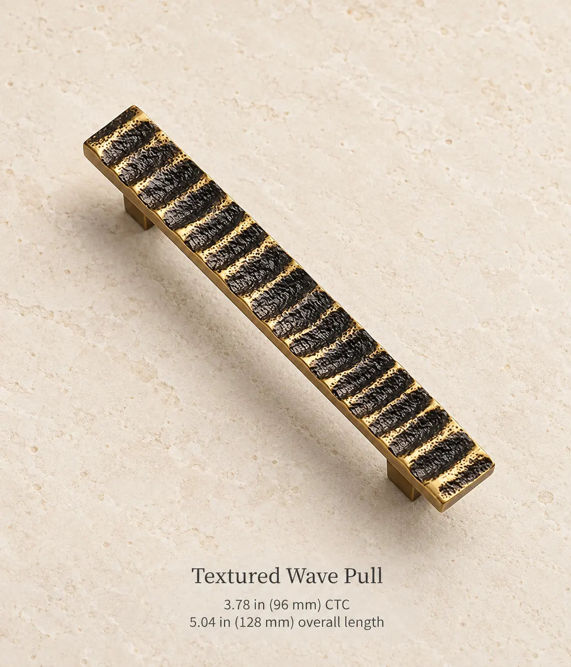 Antique brass textured wave pull, 3.78 in (96 mm) CTC, 5.04 in (128 mm) overall length