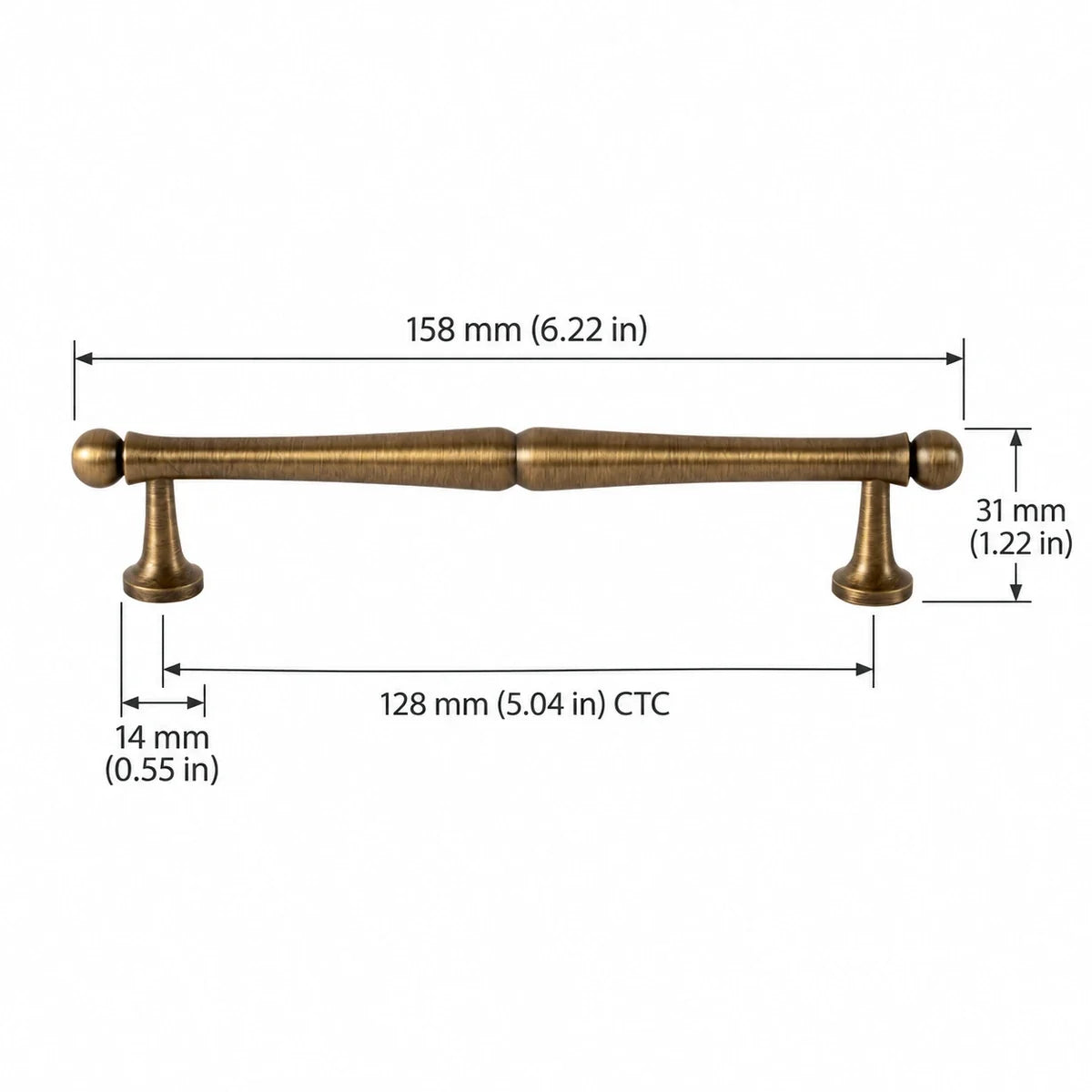Turned Pull — 5.04″ (128 mm) CTC in antique brushed brass, dimensions in inches and mm