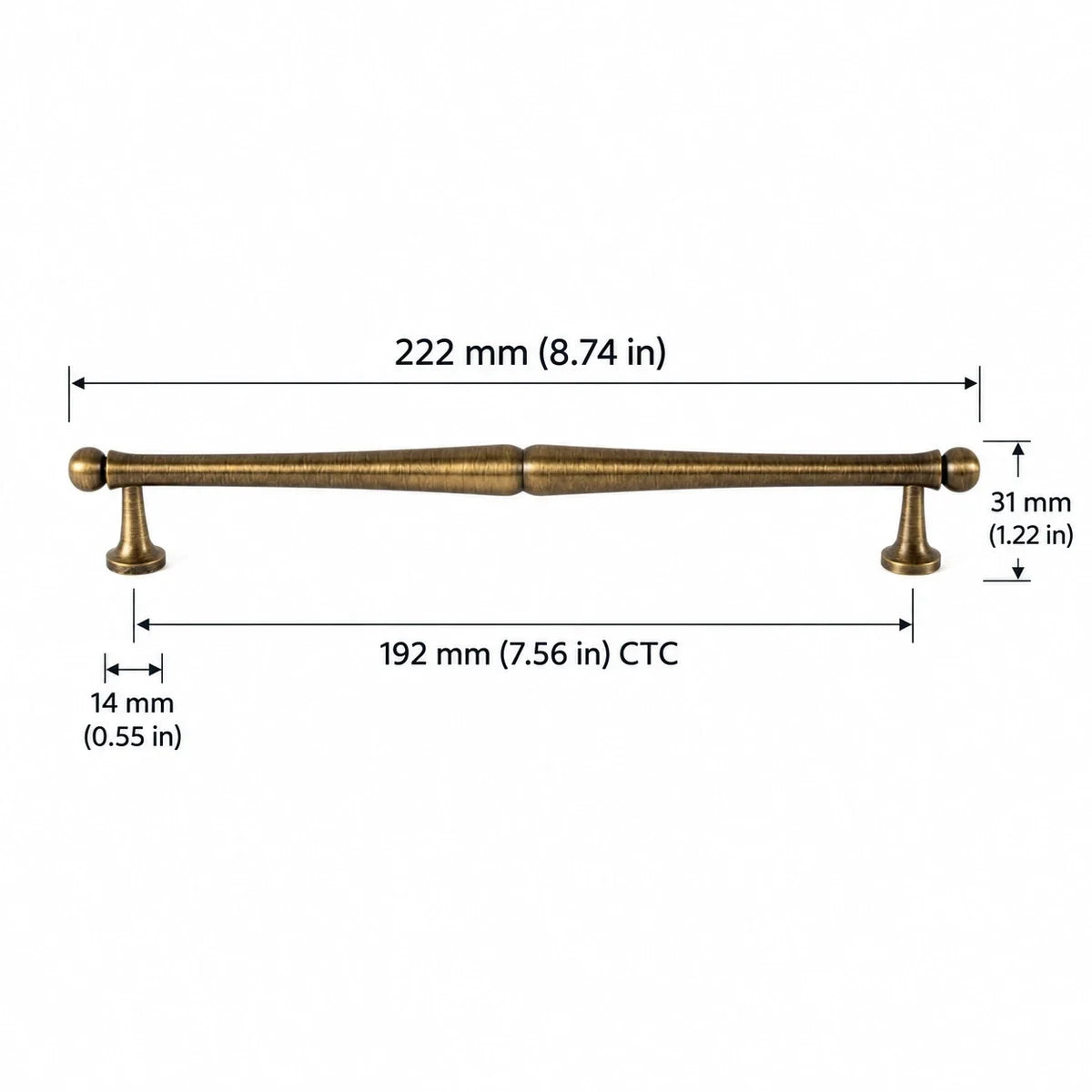 Turned Pull — 7.56″ (192 mm) CTC in antique brushed brass, dimensions in inches and mm