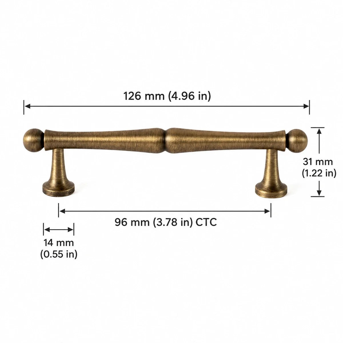 Turned Pull — 3.78″ (96 mm) CTC in antique brushed brass, dimensions in inches and mm