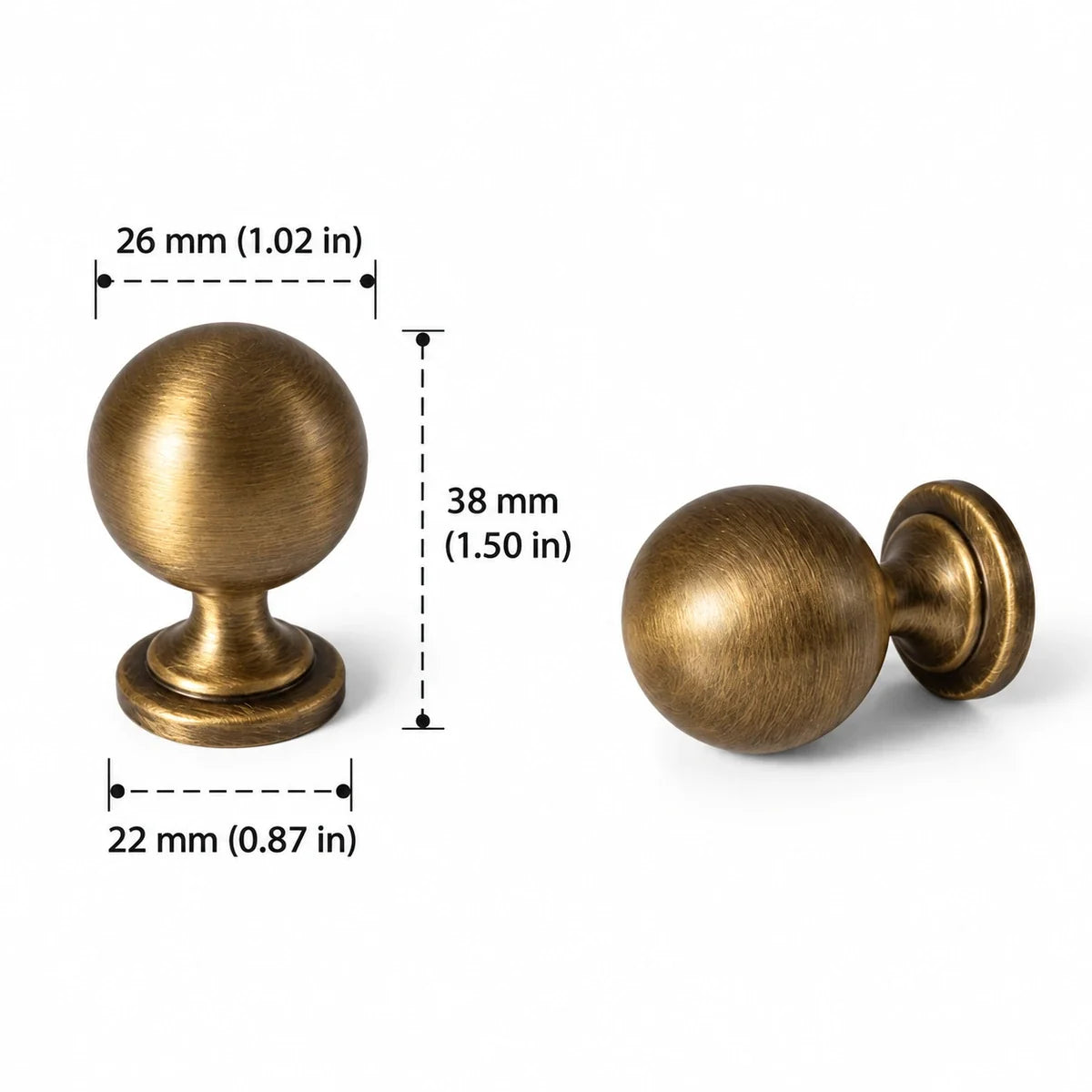 Ball Knob — 1.02″ (26 mm) Diameter in antique brushed brass, dimensions in inches and mm
