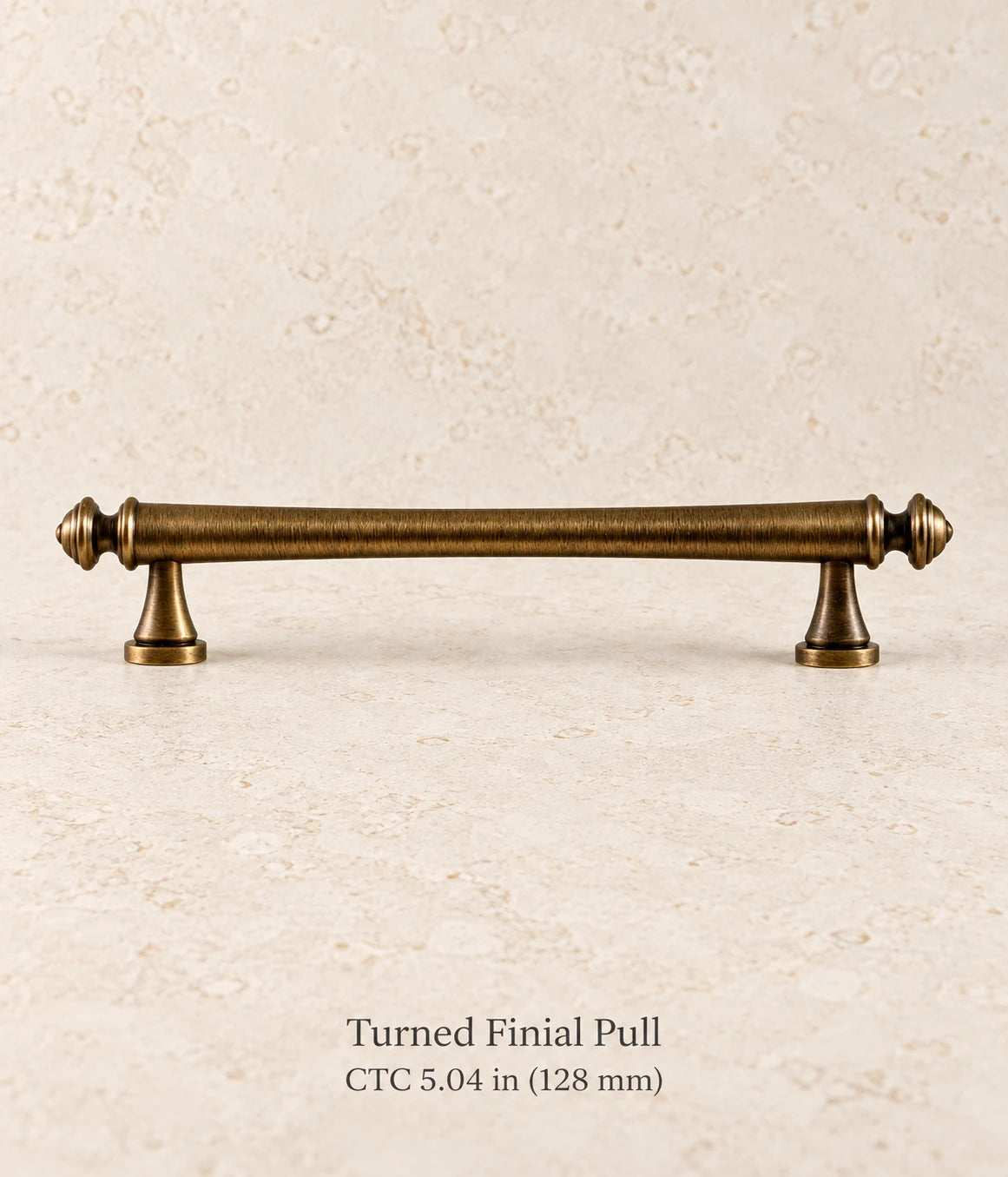 Antique brass turned finial pull, ctc 5.04 in (128 mm)