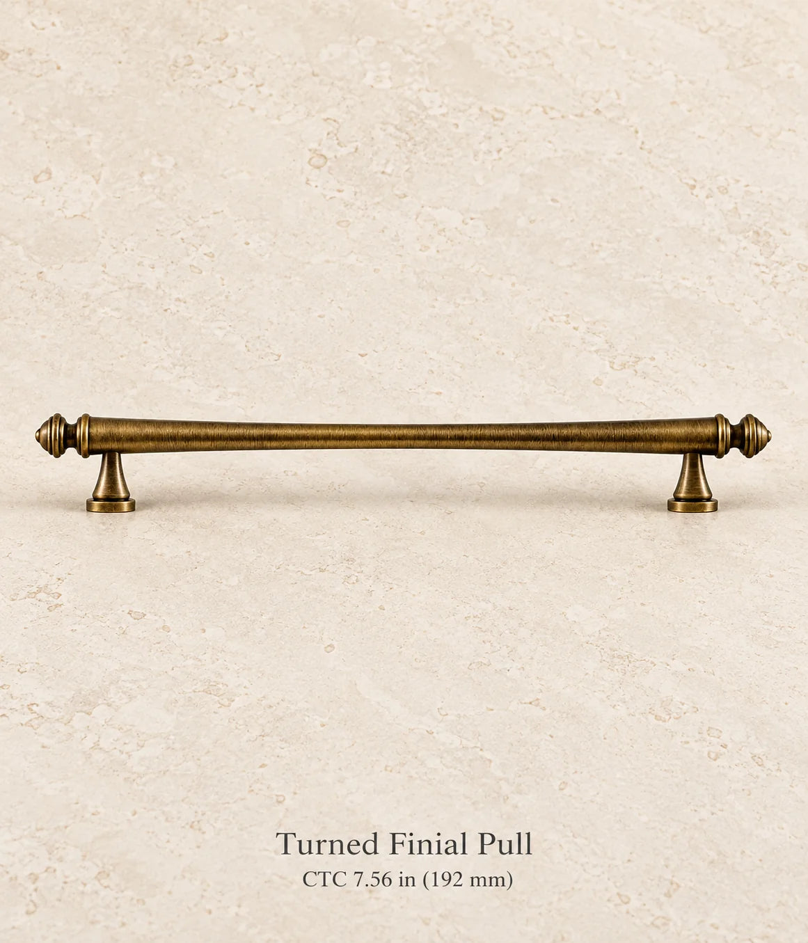 Antique brass turned finial pull, ctc 7.56 in (192 mm)