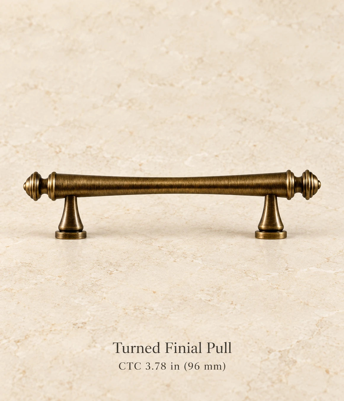 Antique brass turned finial pull, ctc 3.78 in (96 mm)