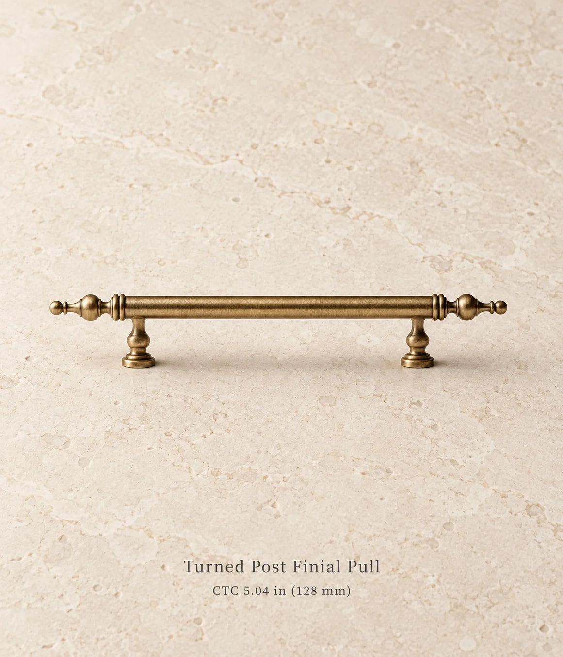 Antique brass turned post finial pull, 5.04 in (128 mm) CTC