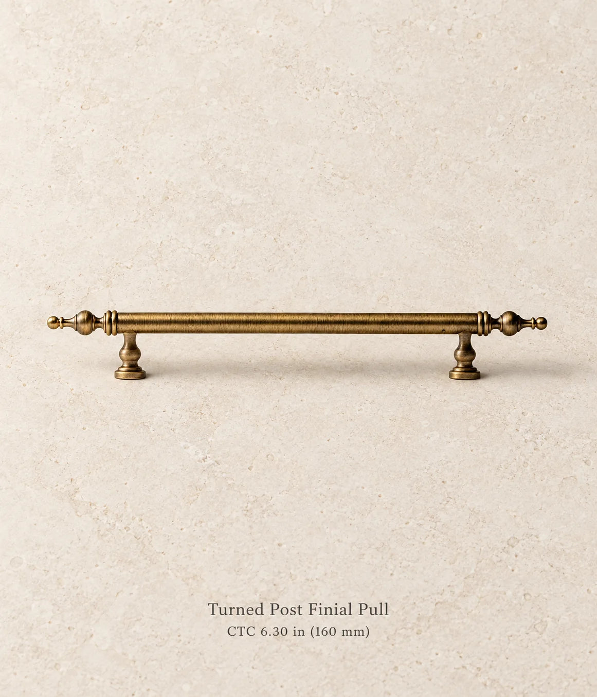 Antique brass turned post finial pull, 6.30 in (160 mm) CTC