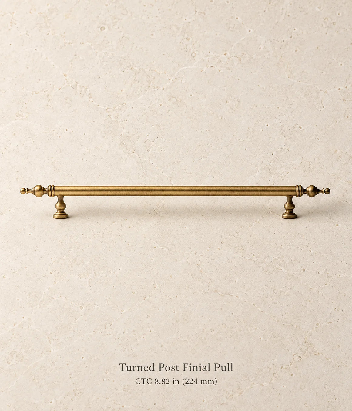 Antique brass turned post finial pull, 8.82 in (224 mm) CTC