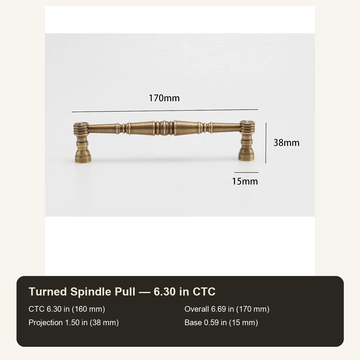 Antique brass turned-spindle cabinet pull 6.30 inch 160 mm CTC dimensions