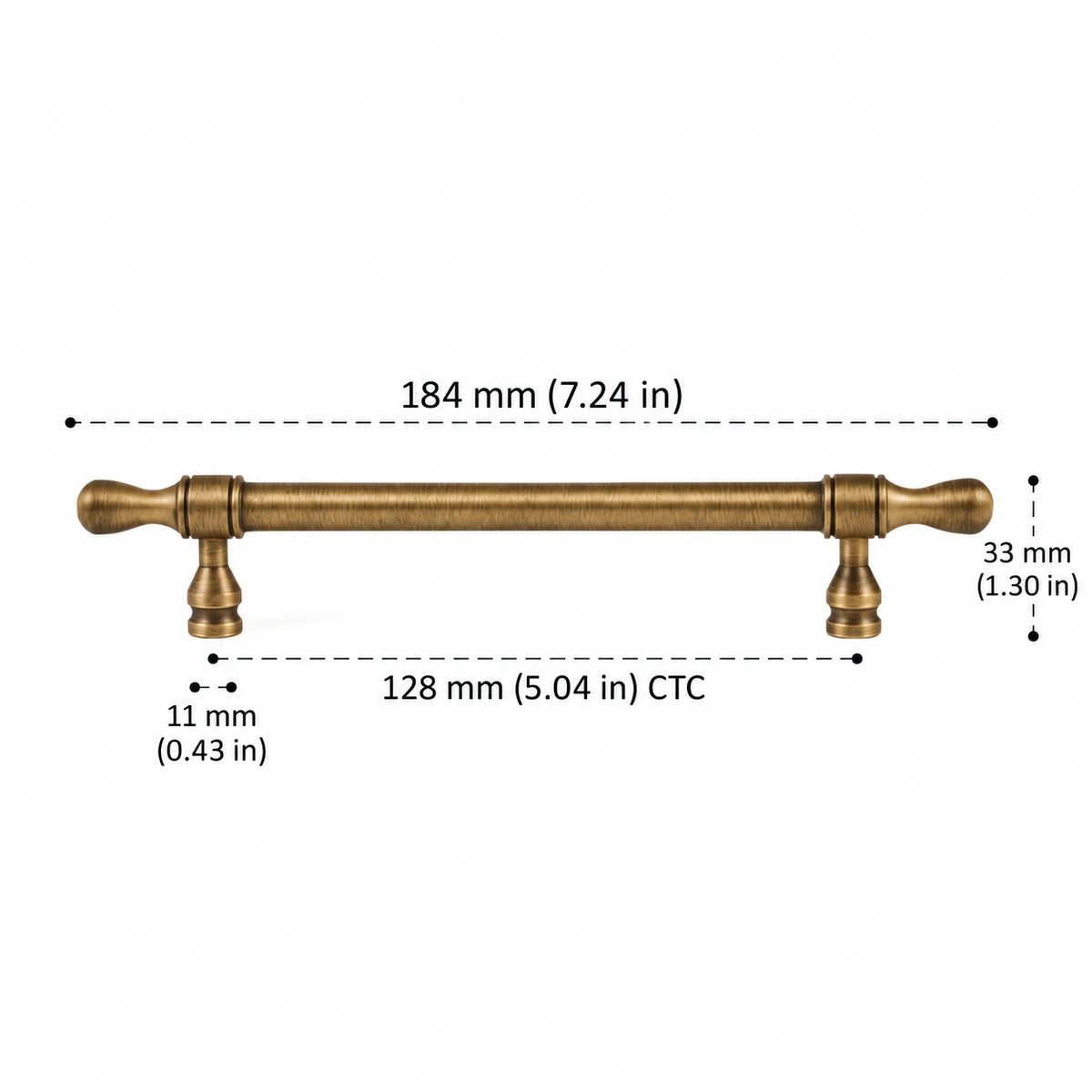 Turned-Tip Pull — 5.04″ (128 mm) CTC — inch and mm dimension chart