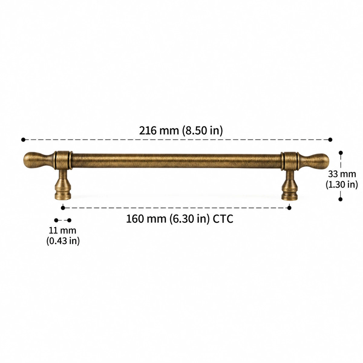 Turned-Tip Pull — 6.30″ (160 mm) CTC — inch and mm dimension chart