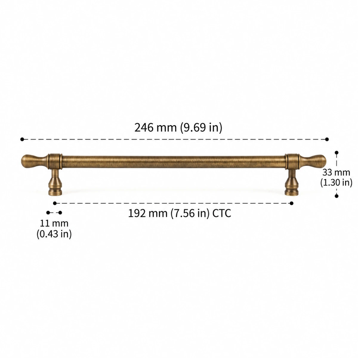 Turned-Tip Pull — 7.56″ (192 mm) CTC — inch and mm dimension chart